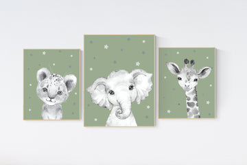Nursery wall art animals, green nursery, gender neutral nursery, sage green, baby room decor, bear, elephant, giraffe, animal prints