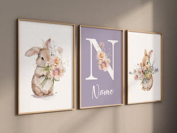 Nursery wall art girl bunny, bunny nursery print, Bunny Floral Watercolor Prints, bunny nursery decor, Wildflower Nursery, bunny nursery