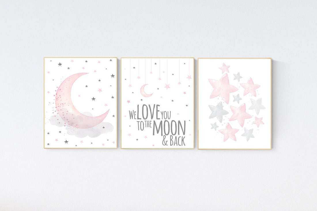 Girls room decor, Nursery decor girl pink and gray, nursery decor girl pink, we love you to the moon and back, cloud and stars, moon nursery