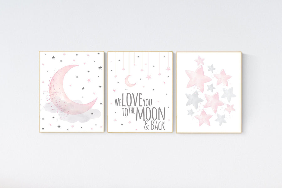 Girls room decor, Nursery decor girl pink and gray, nursery decor girl pink, we love you to the moon and back, cloud and stars, moon nursery