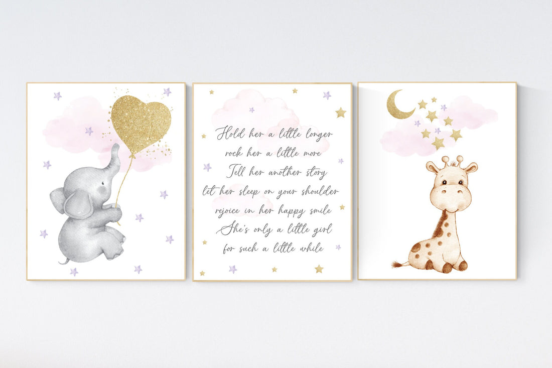 Nursery wall art girl, pink, purple and gold nursery, elephant nursery art, quote nursery, cloud and stars, baby room decor for girls