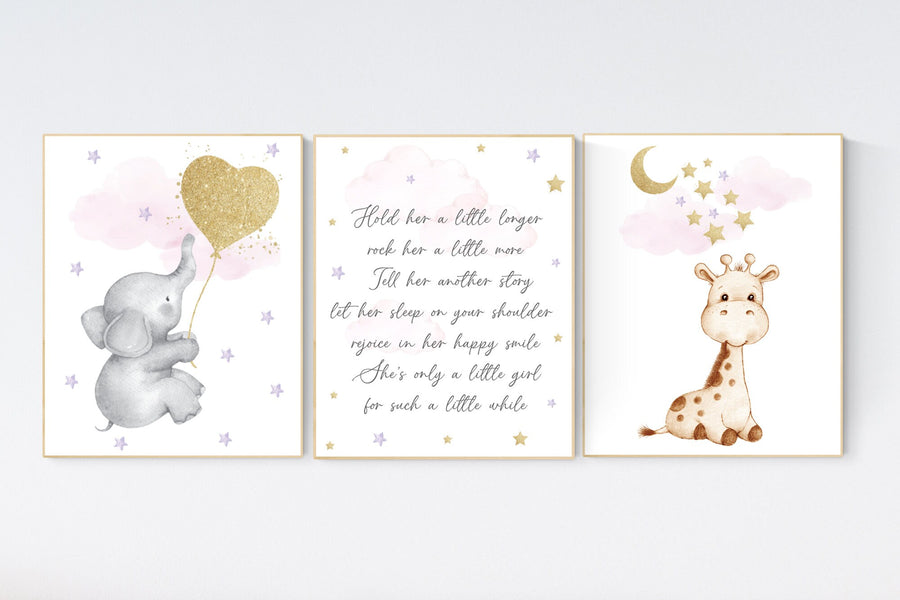 Nursery wall art girl, pink, purple and gold nursery, elephant nursery art, quote nursery, cloud and stars, baby room decor for girls