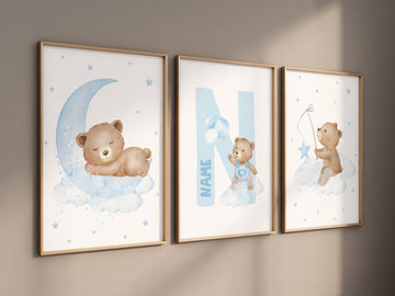 Nursery decor bear, nursery decor boy, bear nursery print, teddy bear decor, nursery wall art animals, boy nursery, blue nursery, baby blue