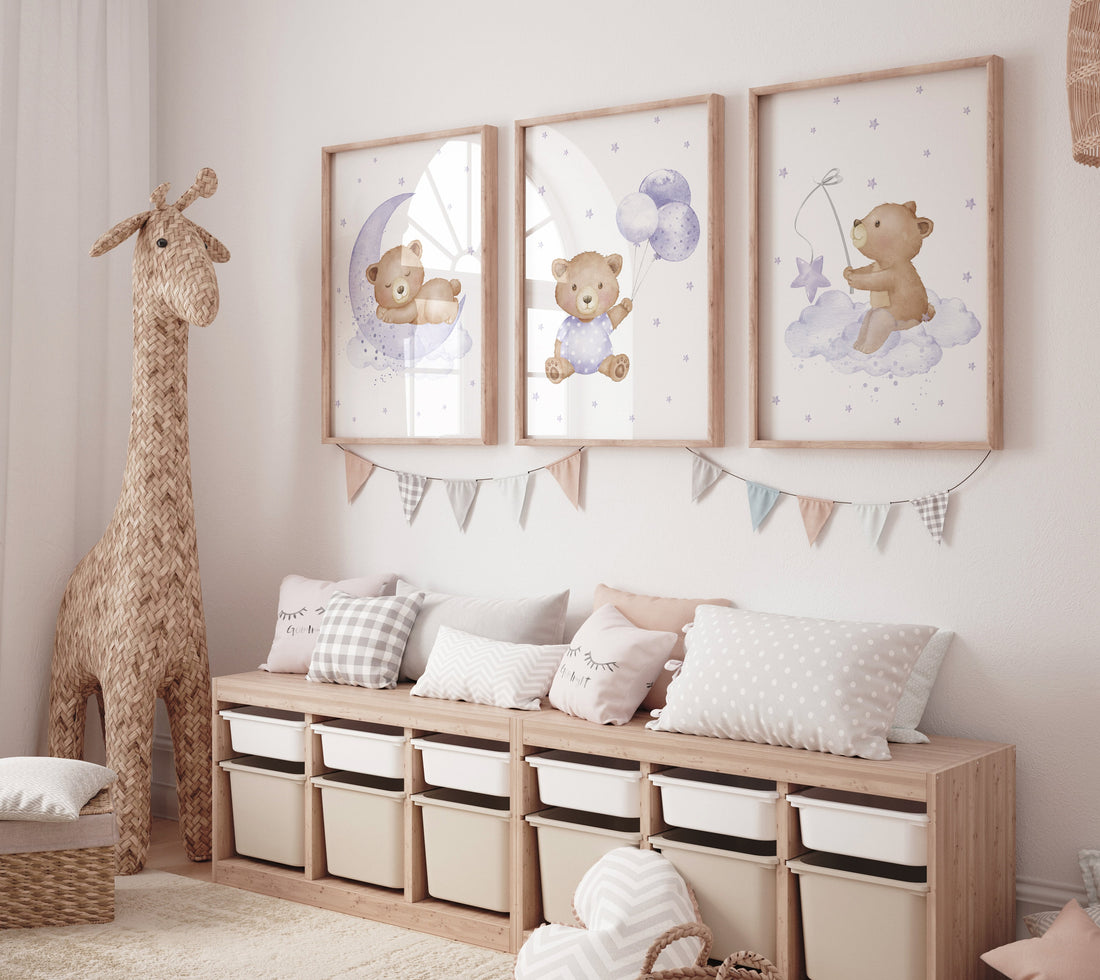 Nursery decor girl purple, nursery decor bear, teddy bear nursery, lilac nursery print, lavender, baby room decor, nursery wall art animals