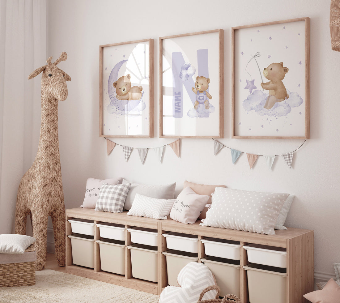 Nursery decor girl purple, nursery decor bear, teddy bear nursery, lilac nursery print, lavender, baby room decor, nursery wall art animals