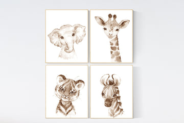 Nursery wall art animals, gray nursery, gender neutral nursery, neutral nursery, baby room decor, elephant, giraffe, animal prints