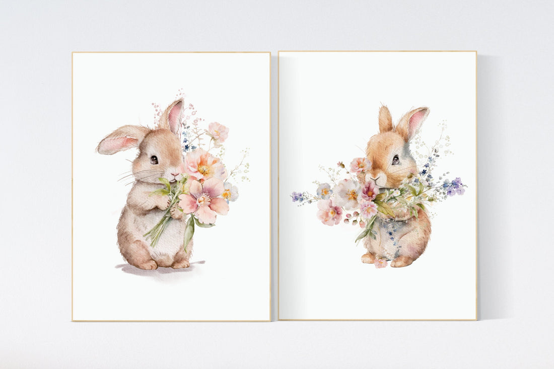 Nursery wall art girl bunnies, bunny nursery print, Bunny Floral Watercolor  Prints, bunny nursery decor, Wildflower Nursery, bunny nursery