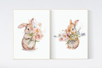 Nursery wall art girl bunnies, bunny nursery print, Bunny Floral Watercolor Prints, bunny nursery decor, Wildflower Nursery, bunny nursery