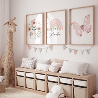 Flower nursery, rainbow nursery, butterfly print, Girl bedroom art, name print, girls room decor, blush nursery, baby girl wall art