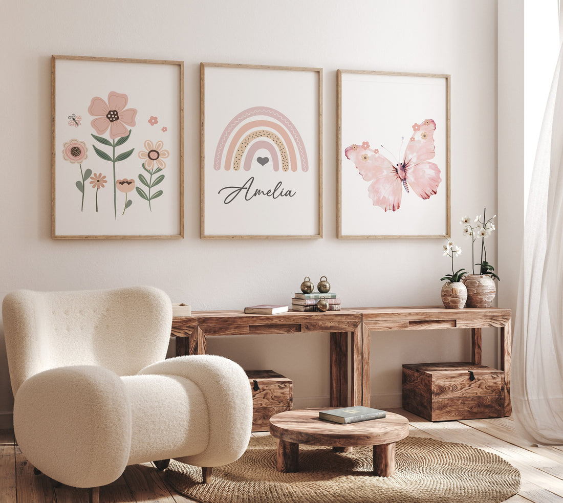 Flower nursery, rainbow nursery, butterfly print, Girl bedroom art, name print, girls room decor, blush nursery, baby girl wall art