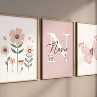 Flower nursery, wildflower nursery, butterfly nursery, Girl bedroom art, name print, girls room decor, blush nursery, baby girl wall art