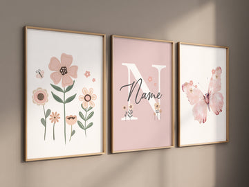 Flower nursery, wildflower nursery, butterfly nursery, Girl bedroom art, name print, girls room decor, blush nursery, baby girl wall art