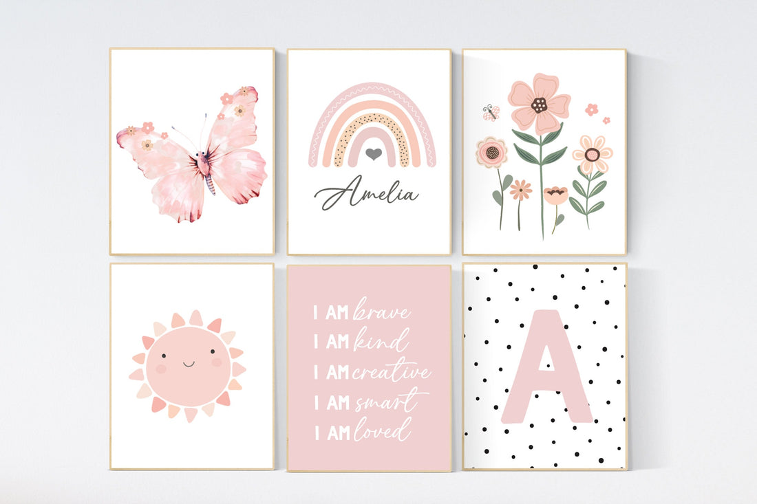 Rainbow nursery, butterfly print, Girl bedroom art, name print, girls room decor, blush nursery,  flower nursery, polka dot