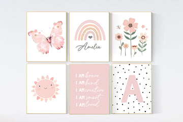 Rainbow nursery, butterfly print, Girl bedroom art, name print, girls room decor, blush nursery,  flower nursery, polka dot
