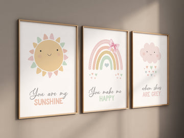 Rainbow nursery print, Rainbow wall art, pastel colors, Pink nursery decor, You are my sunshine, nursery art, Girl bedroom art, sun print