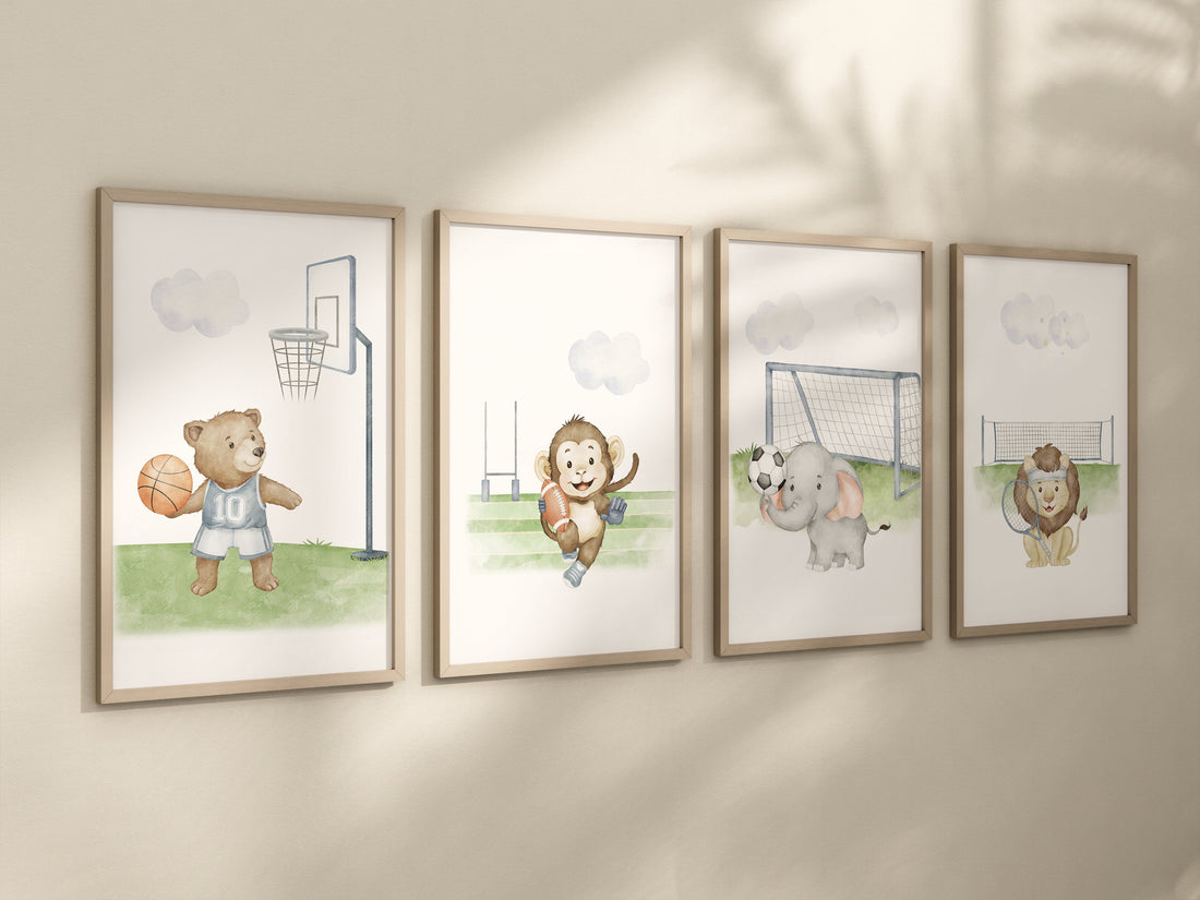 Sports nursery decor, Baby Animals Sport, Baby boy sports nursery, Safari nursery, baseball, football, tennis, basketball, sports animals