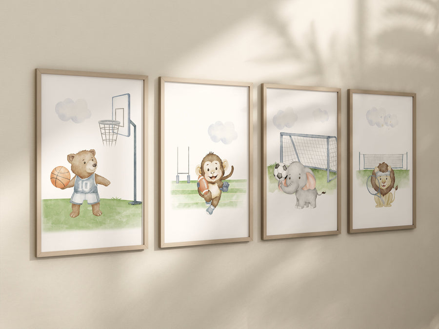 Sports nursery decor, Baby Animals Sport, Baby boy sports nursery, Safari nursery, baseball, football, tennis, basketball, sports animals
