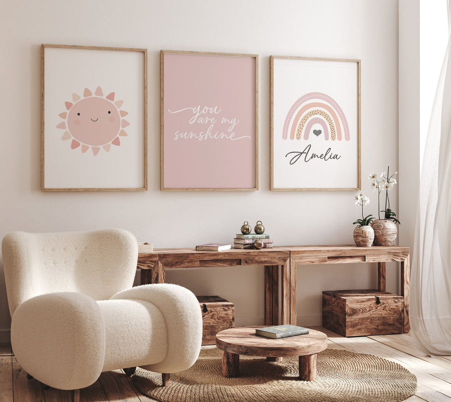 Rainbow nursery, sun print, you are my sunshine, Girl bedroom art, name print, girls room decor, blush nursery, baby girl wall art