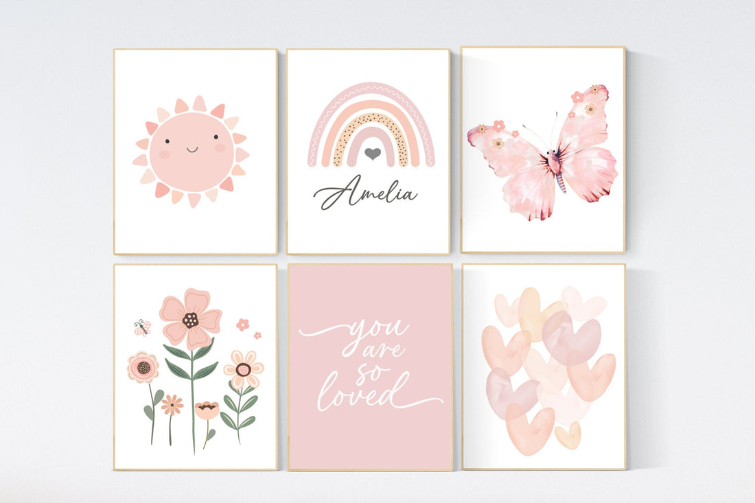 Rainbow nursery, butterfly print, you are so loved, Girl bedroom art, name print, girls room decor, blush nursery,  flower nursery