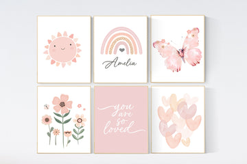 Rainbow nursery, butterfly print, you are so loved, Girl bedroom art, name print, girls room decor, blush nursery,  flower nursery