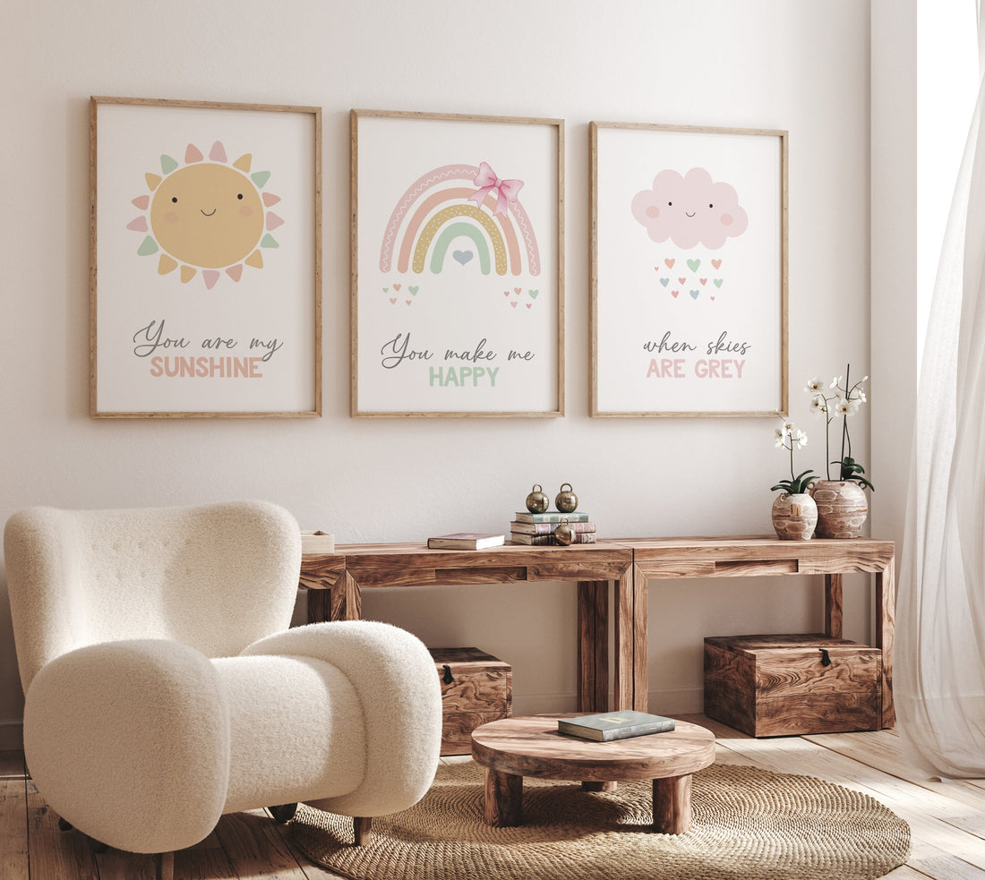 Rainbow nursery print, Rainbow wall art, pastel colors, Pink nursery decor, You are my sunshine, nursery art, Girl bedroom art, sun print