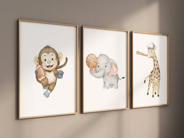 Sports nursery decor, Baby Animals Sport, Baby boy sports nursery, Safari nursery, football, basketball, baseball, nursery, animal sports