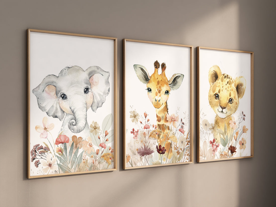 Floral Safari Animal Nursery Wall Art Set of 3 - Giraffe Elephant Lion Prints - Baby Girl Jungle Decor - Boho Neutral Nursery Posters