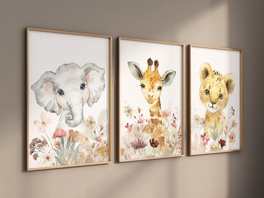 Floral Safari Animal Nursery Wall Art Set of 3 - Giraffe Elephant Lion Prints - Baby Girl Jungle Decor - Boho Neutral Nursery Posters