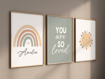 Rainbow nursery, gender neutral, earth colors, your are so loved, rainbow prints, sunshine print, neutral colors, baby room decor