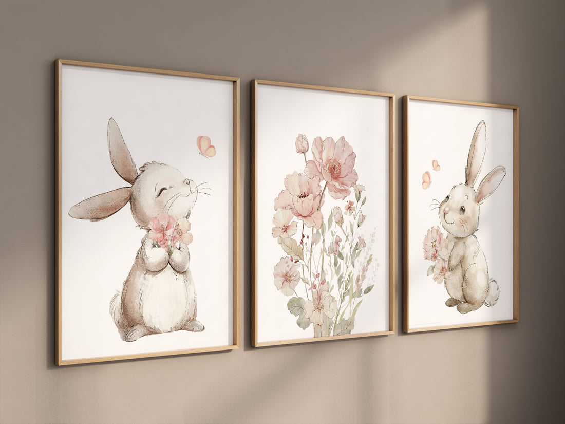 Bunny Floral Watercolor Nursery Print: Girl&