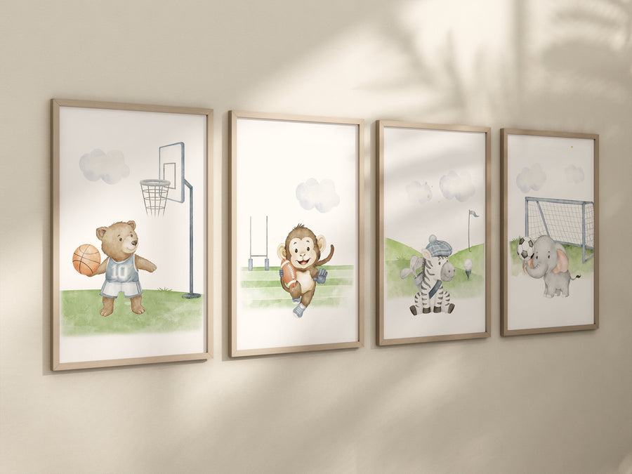 Sports nursery decor, Baby Animals Sport, Baby boy sports nursery, Safari nursery, soccer, football, golf, basketball, sports animals