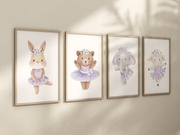 Ballerina animals, baby room decor girl, Elephant nursery, bunny nursery, bear nursery, purple nursery, ballet prints, ballet animals