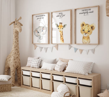 Safari nursery, nursery wall art animals, safari animals, gender neutral,  verse nursery, bible verse, bear, elephant, giraffe, animal print
