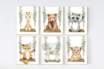 Animal nursery, animal on swing, Jungle Animals, Safari Animal Nursery Prints, safari animals, safari nursery, Greenery, gender neutral