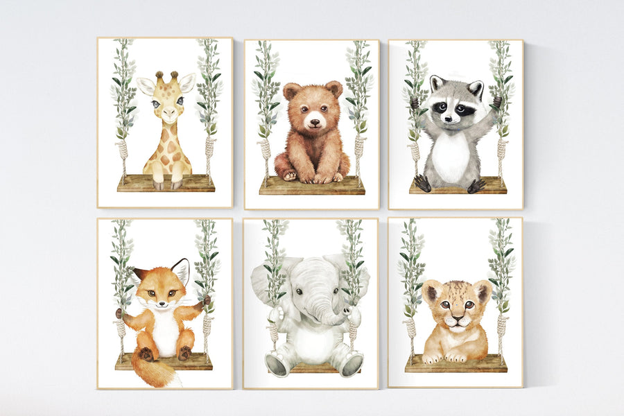 Animal nursery, animal on swing, Jungle Animals, Safari Animal Nursery Prints, safari animals, safari nursery, Greenery, gender neutral