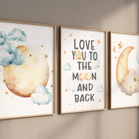 Moon prints for nursery wall art, we love you to the moon and back, gender neutral nursery, blue and yellow, Baby wall decor, nursery prints