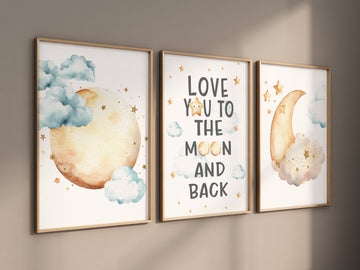Moon prints for nursery wall art, we love you to the moon and back, gender neutral nursery, blue and yellow, Baby wall decor, nursery prints