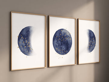 Moon nursery decor, moon print, navy blue nursery, navy gold nursery, full moon print, gender neutral, moon phases, dark blue, moon nursery