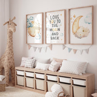 Moon prints for nursery wall art, we love you to the moon and back, gender neutral nursery, blue and yellow, Baby wall decor, nursery prints