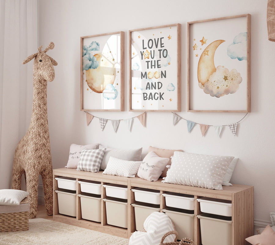 Moon prints for nursery wall art, we love you to the moon and back, gender neutral nursery, blue and yellow, Baby wall decor, nursery prints