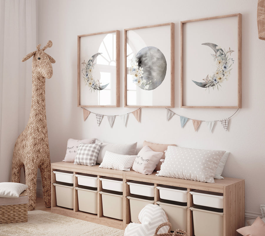 Moon phases, flower nursery, Moon wall art, botanical nursery, Full moon, Moon print, nursery decor girl, Moon nursery, neutral nursery