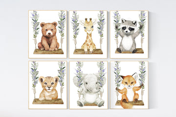 Animal nursery, animal on swing, Jungle Animals, Safari Animal Nursery Prints, safari animals, safari nursery,  purple flowers, girl nursery