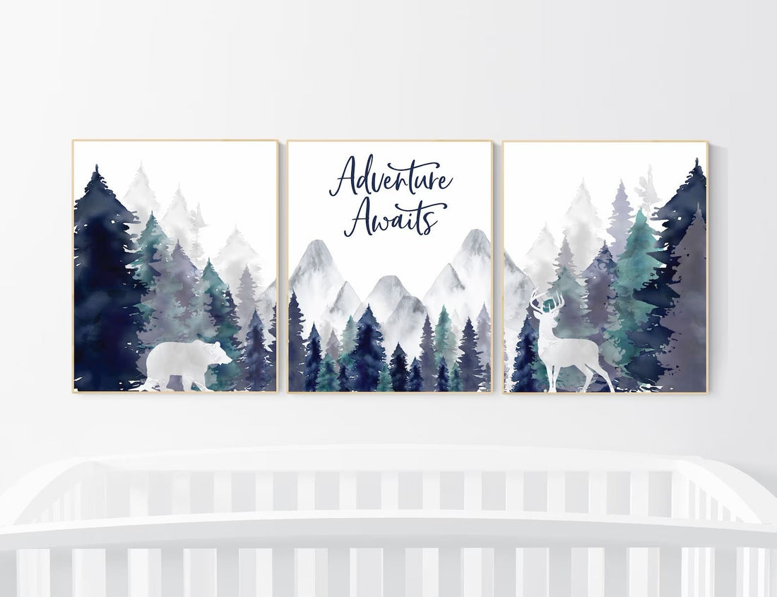 Nursery decor woodland, mountain wall art, tree nursery decor, adventure theme nursery, forest nursery, navy teal