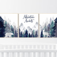 Nursery decor woodland, mountain wall art, tree nursery decor, adventure theme nursery, forest nursery, navy teal