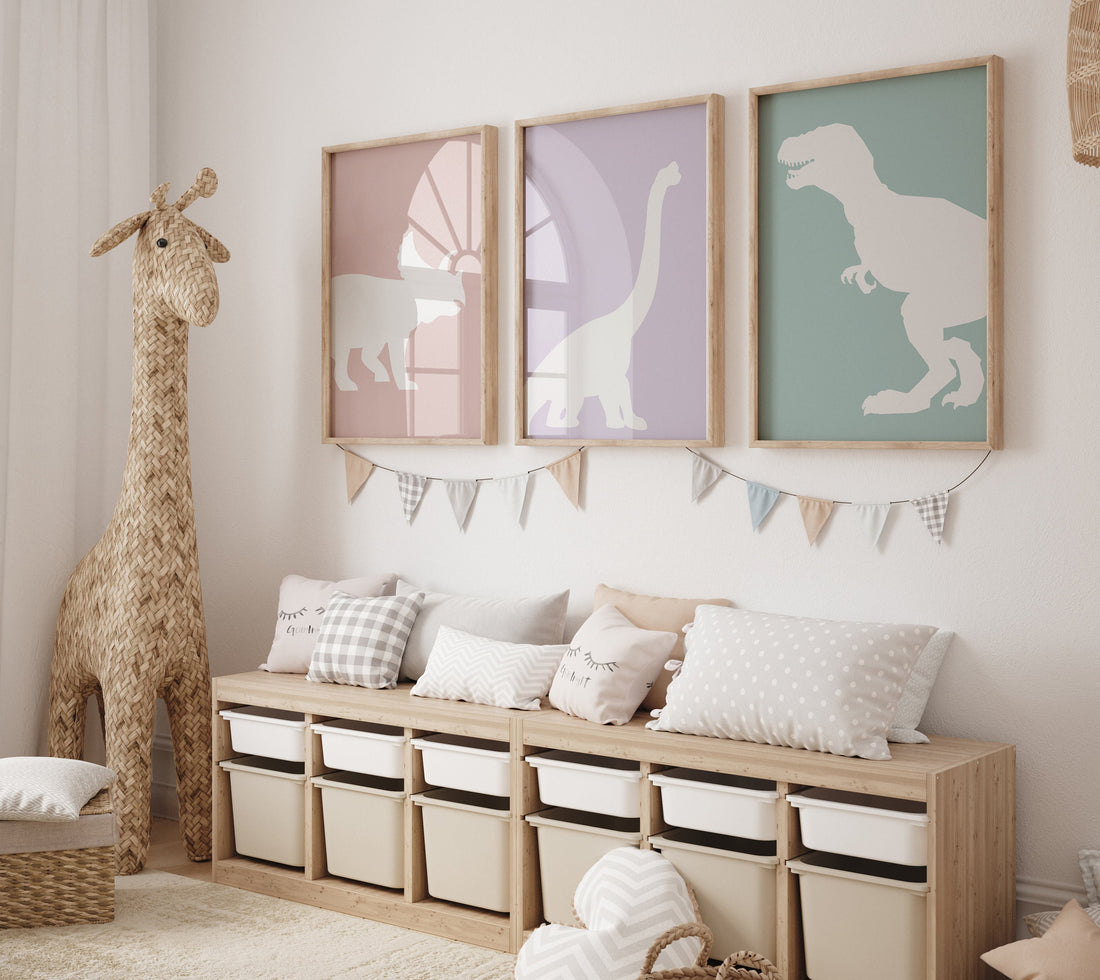 Dinosaur Prints, T-Rex Print, Triceratops Print, Brachiosaurus print, Dinosaur Wall art, girl nursery, pastel colors, pink purple teal