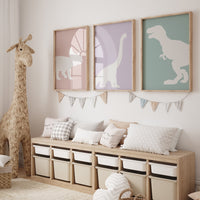 Dinosaur Prints, T-Rex Print, Triceratops Print, Brachiosaurus print, Dinosaur Wall art, girl nursery, pastel colors, pink purple teal