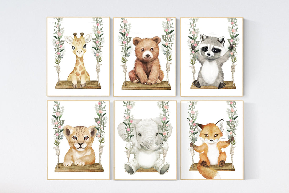 Animal nursery, animal on swing, Jungle Animals, Safari Animal Nursery Prints, safari animals, safari nursery,  blush pink flowers, girl