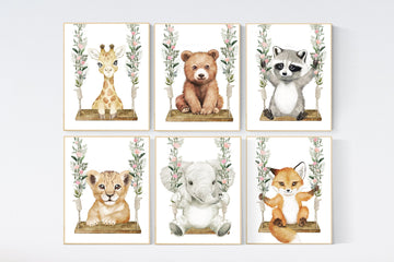 Animal nursery, animal on swing, Jungle Animals, Safari Animal Nursery Prints, safari animals, safari nursery,  blush pink flowers, girl