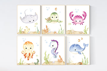 Ocean Animal Prints, Under the Sea Nursery Prints, Sea Animal Wall Art, Playroom Decor, gender neutral nursery, nursery prints, sea themed