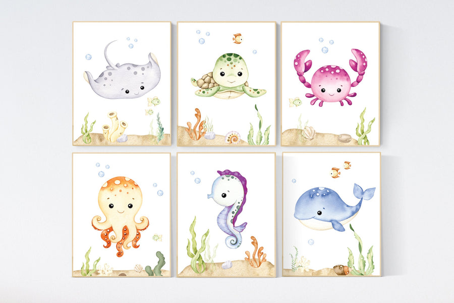 Ocean Animal Prints, Under the Sea Nursery Prints, Sea Animal Wall Art, Playroom Decor, gender neutral nursery, nursery prints, sea themed